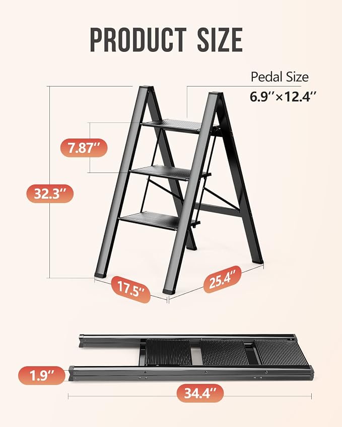 3 Step Ladder, Foldable Step Stool, 300lbs Load, Black | Folded 35''H x 2''T; Net 7.99 lbs; Rigid Aluminum Steps; No Assembly; For Home, Kitchen, Office, Pantry, Closets, Cabinets - Image 6