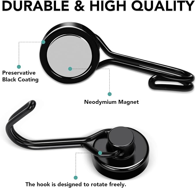 Magnetic Hooks 4 Pack 40Lbs Heavy Duty Neodymium Magnet Hook | Black Magnetic Swivel Hooks for Hanging Rust Proof Strong Magnets with Hook Magnets Metal Hanger for Storage - Image 3