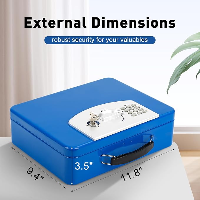 KYODOLED Blue Safe Box with Digital Keypad Lock, Lock Box with Code for Personal Items, Metal Security Box for Cash, Passport, Jewelry, Ideal for Home, Office, Garage Sale, 11.8'' x 9.4'' x 3.5'' - Image 2