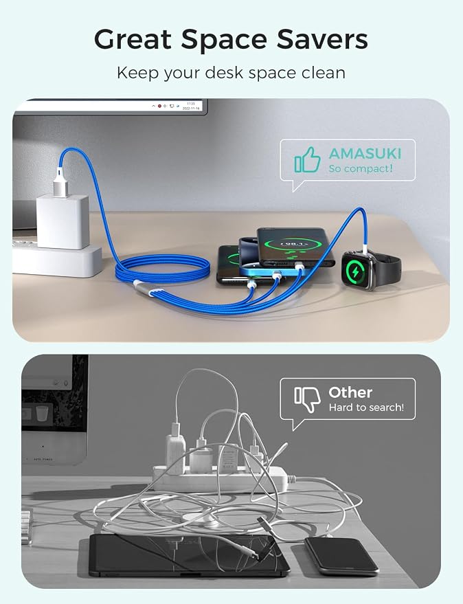 Amasuki Travel Essentials,4 in 1 for Apple Watch Charger/iPhone Charger/Multi Charging Cable,Vacation RV Camping Essentials,USB C/L/Micro Portable Charger for iWatch 11-1/iPhone 17-12,Car&Gift-Blue - Image 3