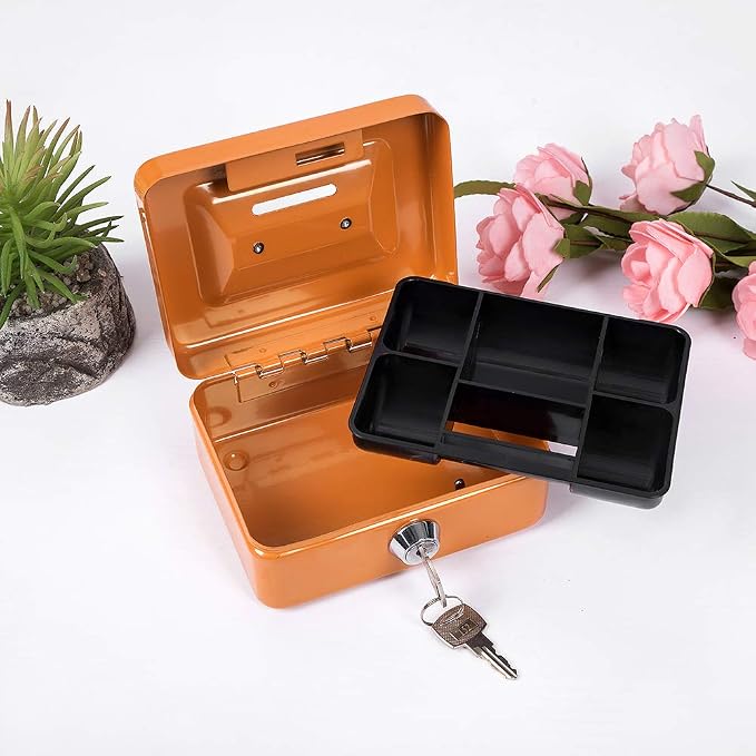 Mini Cash Box with Slot Small Cash Box with Money Tray and Key Lock, Metal Lock Box for Casino Gamblers 4.9" x 3.7" x 2.4" Orange - Image 6