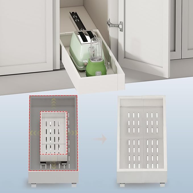 Fokyfok Pull out Cabinet Organizer,7"-11"W,17"-24"D,Expandable,Adhesive | No Drill,Roll out Drawers,Adjustable Slide out Shelves for Kitchen,Pantry,Framed and Framless Cabinets,White,1PC by Fokyfok