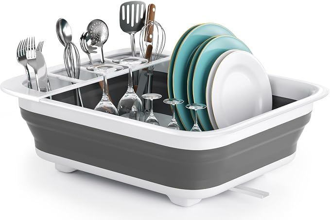 THANSTAR Collapsible Dish Drying Rack for RV Kitchen, Foldable Drainer Organizer for Kitchen Countertop, Space Saving Portable Dish Rack for Campers, Travel Trailer & Small Spaces, Easy Storage, Grey by THANSTAR