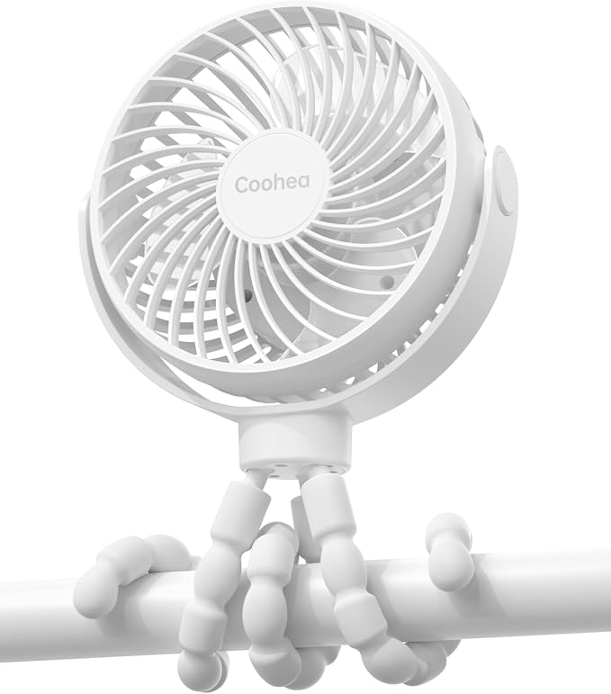 Coohea Clip on Stroller Fan, Rechargeable Long-Lasting Power Wind Fan,White | 4000mAh Battery Operated, 360° Rotatable Flexible Tripod, 3 Adjustable Speed, Portable Fan for Car Crib Backseat Beach Travel by Coohea