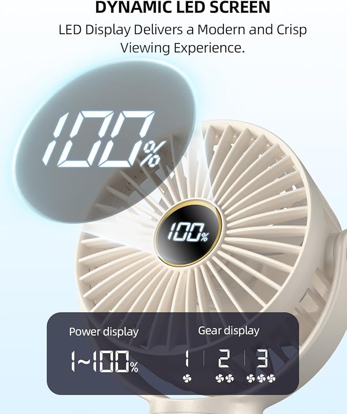 Portable Stroller Mini Fan, Small Rechargeable Personal Fan, Travel Essentials for Baby, Wagon, Car Seat, Treadmill, Battery Powered Biking Gear Accessories, 360° Rotation, 3-Speed, Display, Beige - Image 4