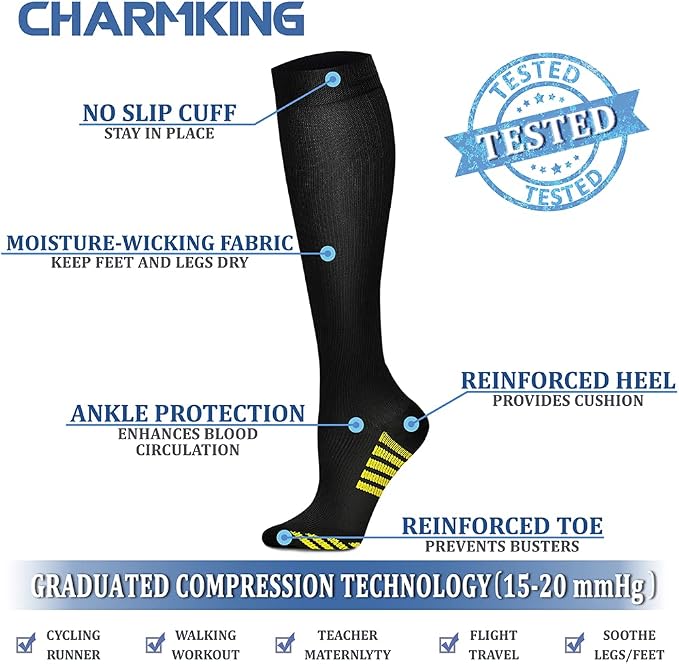 CHARMKING Compression Socks for Women & Men Circulation (8 Pairs) 15-20 mmHg Best Calf Socks Support for Athletic Cycling - Image 4