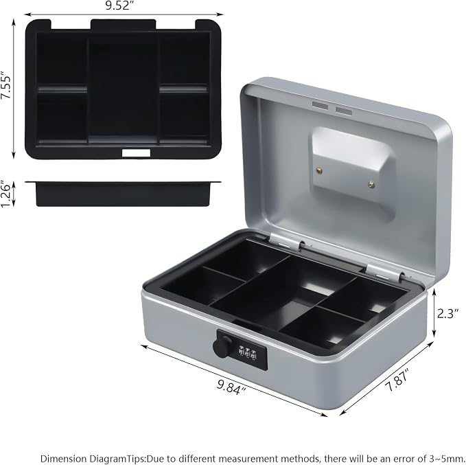 KYODOLED Large Cash Box with Combination Lock,Safe Metal Box for Money, Storage Lock Box with Money Tray,9.84"x 7"x 3.54" Lightgrey Large - Image 5