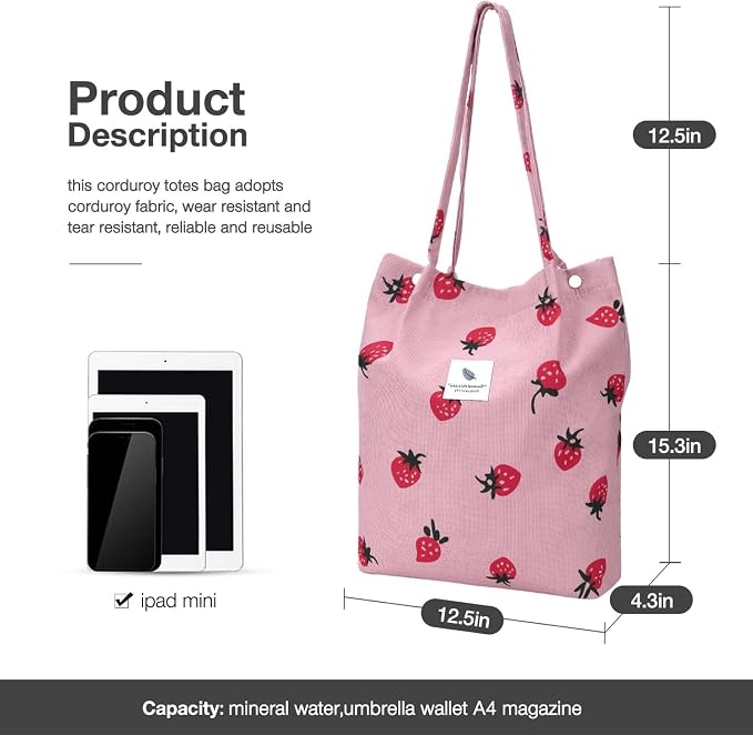 LHMTQVK Corduroy Tote Bags for Women, Large Capacity Tote Purse Reusable Grocery Shoulder Bag with Inner Pockets - Image 2