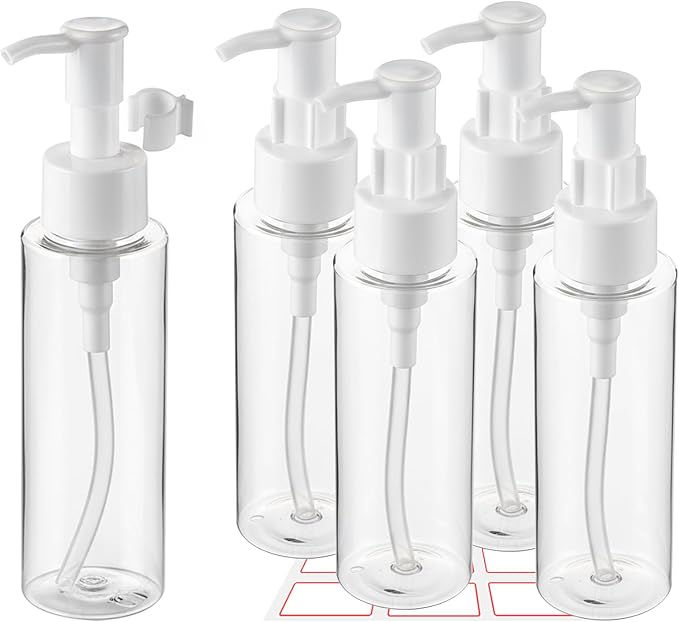 5 Pack 3.4Oz/100ml TSA Approved Travel Pump Bottle | Clear Empty Plastic Pump Bottles Dispenser, Portable Refillable Container, Lotion Dispenser Bottle, for Shampoo Shower Gel by wowang