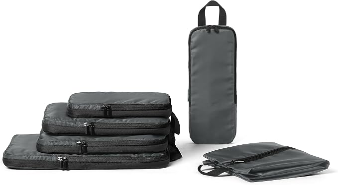 Amazon Essentials Ultralight Compression Packing Cubes, Recycled Fabric, 2 Zippers, 6-Pack, Grey, for Suitcases or Backpacks by AmazonEssentials
