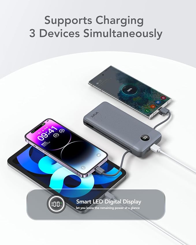 Portable Charger Power Bank 20000mAh,VRURC 22.5W Fast Charging Power Bank With Cables, 20K USB C Portable Charger With Wall Plug, Phone Battery With Cords For iPhone, Samsung, Android Phones, etc-Grey - Image 6