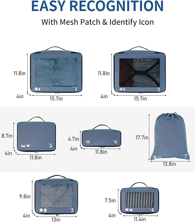 ECOHUB 7 Set Packing Cubes Tear-Resistant Luggage Packing Organizers with Number Icon for Travel Accessories Luggage Suitcase Machine Washable Packing Cubes (Blue) - Image 6