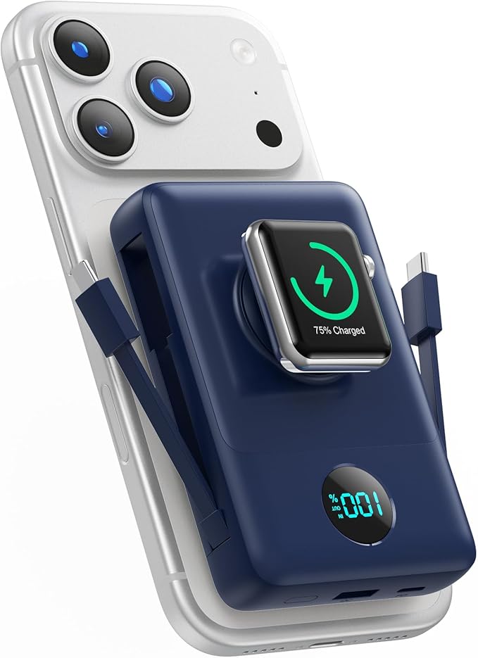 Magnetic Portable Charger 10800mAh with Built-in Cables,Wireless Power Bank for Magsafe,25W PD Fast Charging USB-C Travel Essentials Battery Pack for iPhone 17/16/15/14/13/12 Series,Apple Watch-Blue by HETP