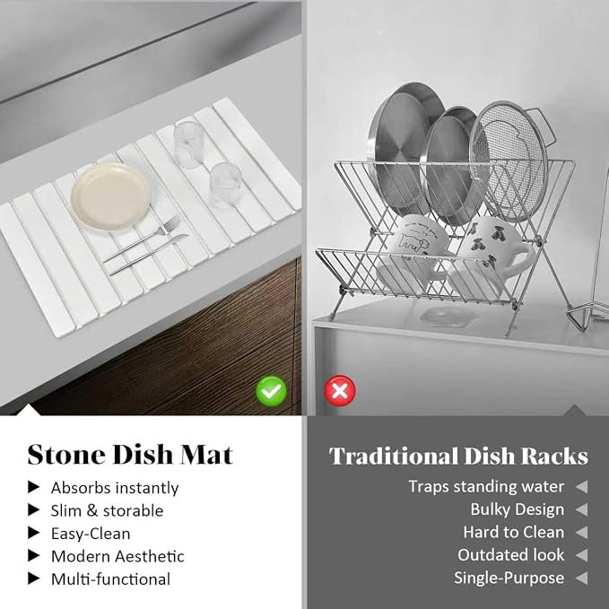 Large Stone Dish Drying Mats for Kitchen Counter, Fast Drying Collapsible Dish Drying Mat, Eco-Friendly Absorbent Diatomaceous Earth Mats for Dishes Cups, Match Any Countertop (White 28"×16" & 8"x4") - Image 6
