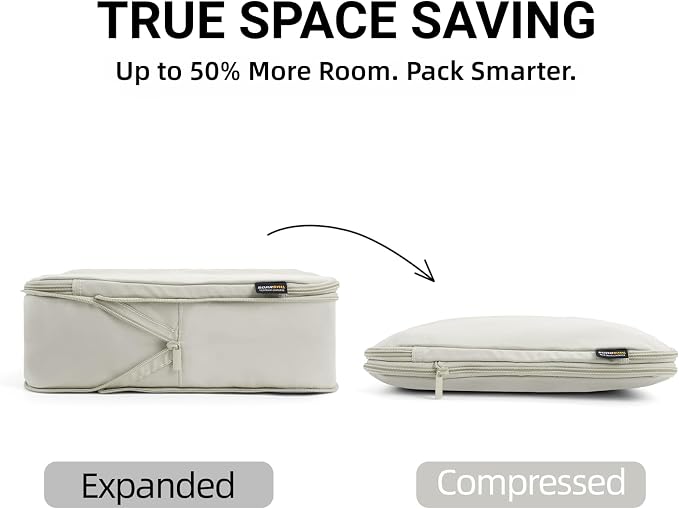 4 Piece Compression Packing Cubes for 3–7 Day Travel, Off White | Wrinkle-Resistant Memory Fabric, Breathable Mesh Panel, Double-Zipper, Small to Large Size Bag, Smart Organization - Image 2