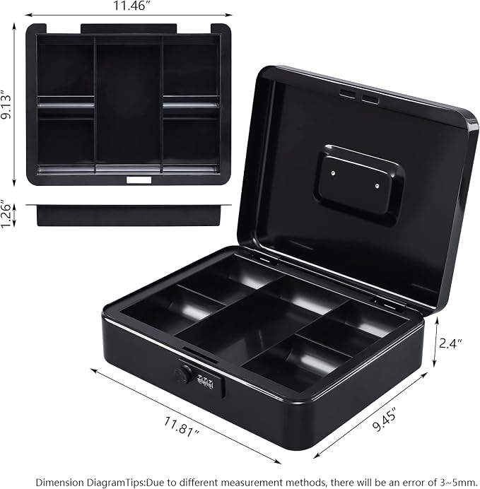 KYODOLED Metal Cash Box with Combination Lock Money Box for Cash Safe Metal Box with Money Tray for Security Lock Box 11.81"x 9.45"x 3.54" Black X Large - Image 4