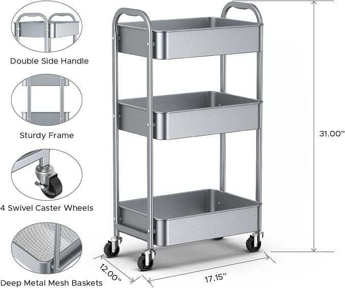 MAX Houser 3-Tier Rolling Utility Cart with Caster Wheels, Silvery-Grey | Easy Assembly, multi-purpose storage trolley for kitchen, rolling cart with smooth caster wheels for bathroom - Image 2