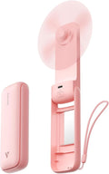 Aecooly Slim Portable Fan with Mirror, Thin Handheld Fan, USB Rechargeable | Mini Personal [24H Max Cooling Time], Battery Powered Small Foldable Pocket for Travel, Lash, Makeup, Gifts for Women -Pink by Aecooly