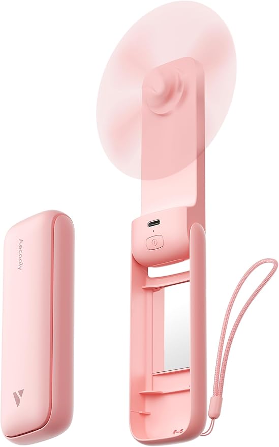Aecooly Slim Portable Fan with Mirror, Thin Handheld Fan, USB Rechargeable | Mini Personal [24H Max Cooling Time], Battery Powered Small Foldable Pocket for Travel, Lash, Makeup, Gifts for Women -Pink by Aecooly