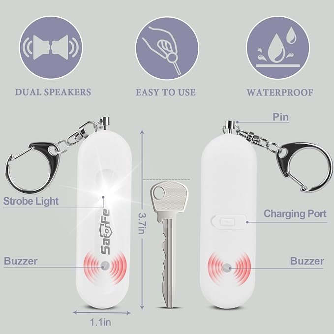 Personal Safety Alarm - Waterproof Rechargeable Security Alarm - 140dB Extra Loud Siren & Strobe Light - Self Defense Keychain - Gift for Women, Teenagers, College Girls, Seniors (White) - Image 3