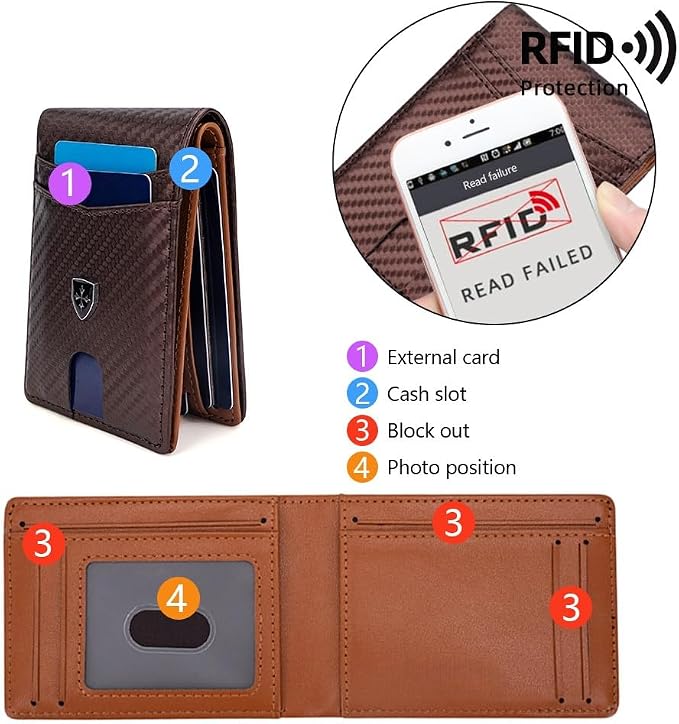 Slim RFID-Blocking PU Leather Bifold Wallet for Men & Women, Minimalist Card Holder with ID Window & Cash Pocket - Image 3