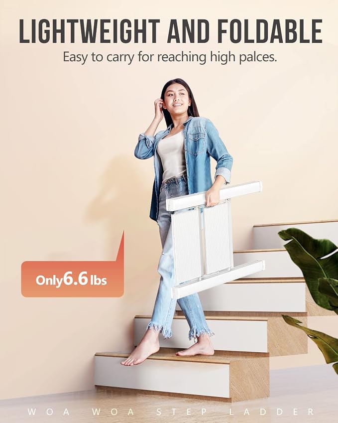 2 Step Ladder, Foldable Step Stool, 300lbs Load, White | Folded 27''H x 2''T; Net 6.6 lbs; Rigid Aluminum Steps; No Assembly; For Home, Kitchen, Office, Pantry, Closets, Cabinets - Image 3