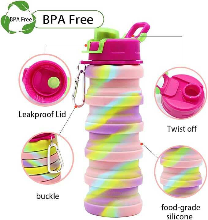 Silicone Collapsible Water Bottles, 16oz 500ml Portable Foldable Expandable Water Bottle Sports Cups, Leak Proof Reusable BPA Free, for Outdoor Activities Travel(Pink-B) - Image 3