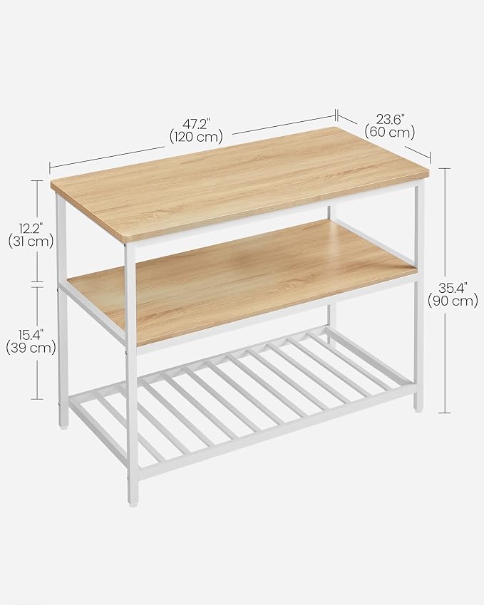 VASAGLE Kitchen Island with 3 Shelves, 47.2 Inches Width Kitchen Shelf with Large Worktop, Stable Steel Structure, Industrial, Easy to Assemble, Oak Color and White UKKI001W09 - Image 3