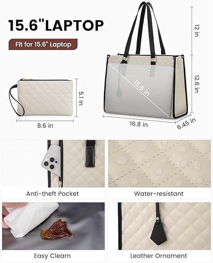 2 in 1 Tote Bag Lunch Bag Combo,Lunch Tote Bag for Women, Large Convertible Laptop Work Handbag for Women (Black and White) - Image 8