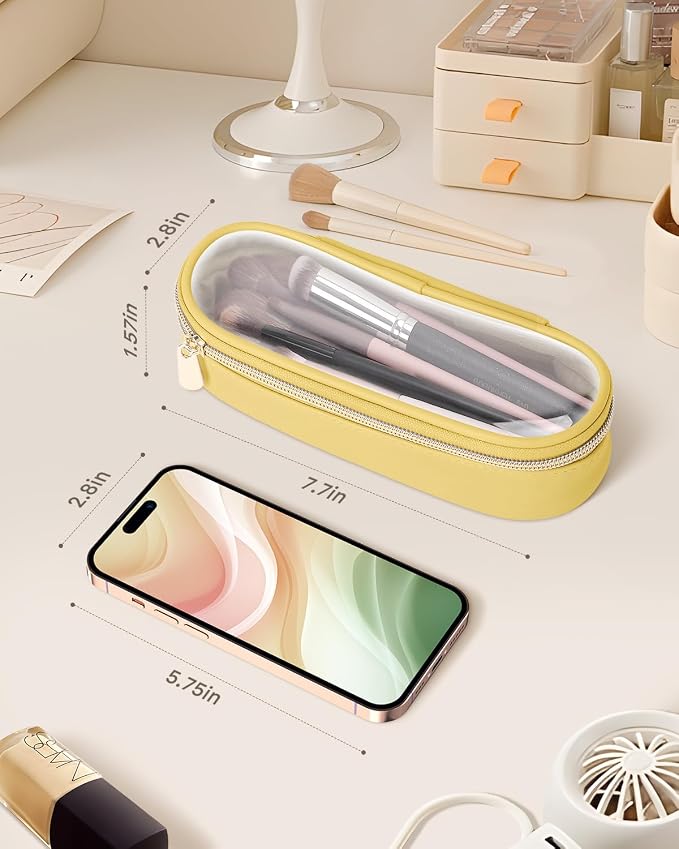 Soimeat Clear Travel Makeup Brush Holder, Leather Makeup Brush Toiletry Bag, Portable Cosmetic Brush Case, Transparent Waterproof Makeup Brush Storage Bag, Yellow - Image 3