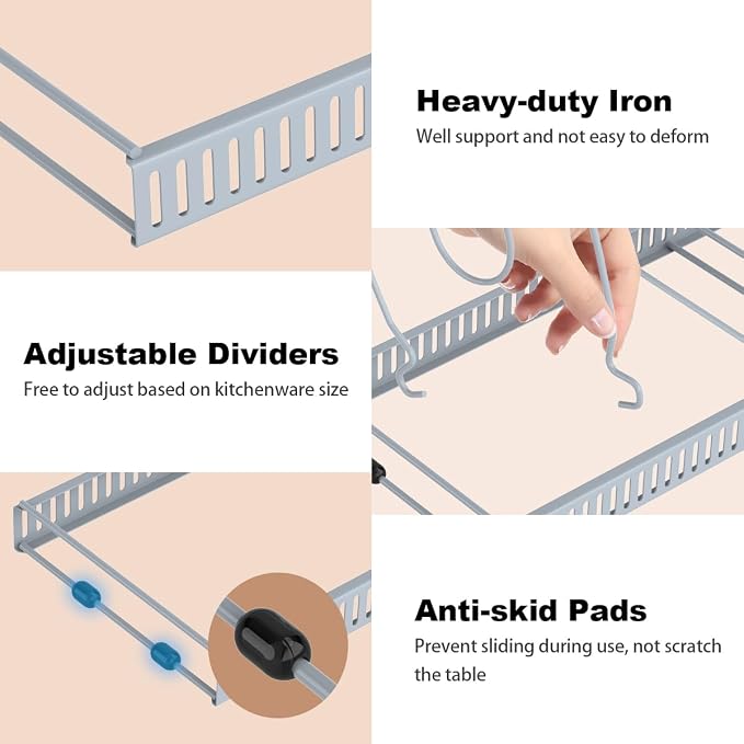 Housolution Pot and Pan Lid Organizer Holder Storage Rack, Grey | 12"-23" Expandable, 14 Adjustable Dividers, Sturdy Metal Construction, Easy Assembly - Image 3