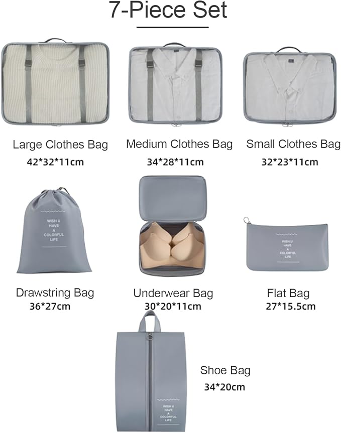 Travel Packing Cubes 7-Set, Luggage Organizer Bags for Clothes, Storage for Travel Accessories, Foldable for Cruise Carry-On Home, 3 Colors Grey/Korea Blue/Beige (Beige) - Image 8