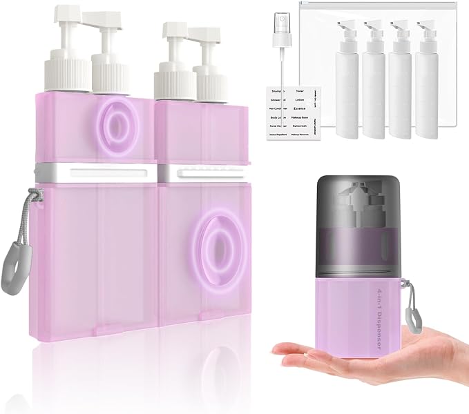 2P 4 in 1 Travel Toiletry Containers,TSA Approved Refillable Travel Size Toiletries Bottles Set with Suction Cup for Smooth Walls - for Shampoo,Conditioner,Body Wash,Lotion. (Pink+Grey) - Image 3