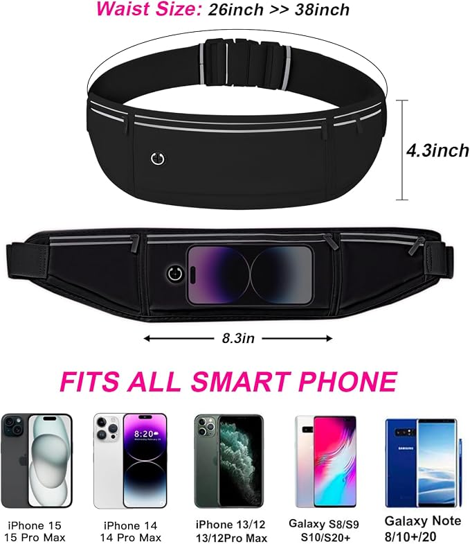 Slim Running Belt for Women Men,Runners Fanny Pack Phone Holder,Money Belt,Running Gear Accessories,with 3 Pockets(Black) - Image 3