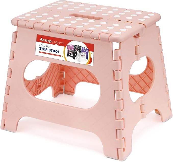 11" Folding Step Stool for Kids, Non-Slip Foldable Stool, Light Pink | Heavy Duty Collapsible Foot Stool, Lightweight with Built-in Handle, Holds 300 lb for Adults Kitchen Bathroom Bedroom Outdoor by ACSTEP