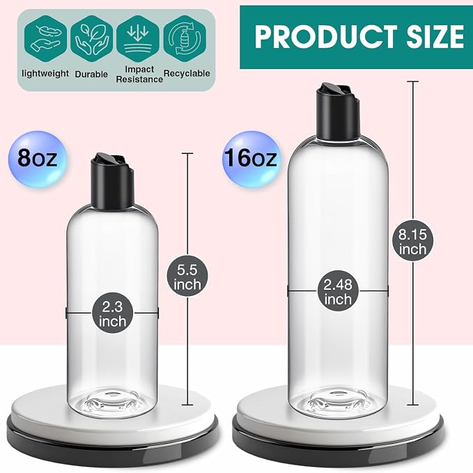3Pcs 8 oz Clear Plastic Refillable Travel Bottles with Black Disc Top Caps | Squeeze Empty Shampoo Bottles, For Shampoo and Conditioner, For Lotions, Body Soap Cream, Cosmetic Containers - Image 2
