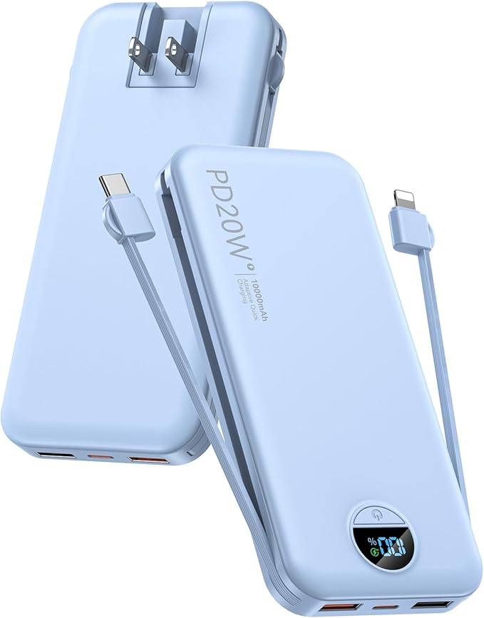 citicr Portable Charger 10000mAh PD20W w/Built-in Cables & Wall Plug Blue | Fast charging, Built-in wall plug, LED display, Charge 5 devices at once, Pass through charging, TSA approved, Pocket size by CITICR