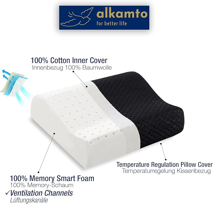 alkamto Travel & Camping Comfortable Memory Foam Pillow – Easy to Carry Portable Bag – Temperature Regulating Pillow Case (Black Contour) - Image 5