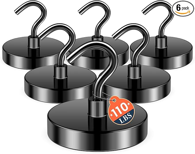 FINDMAG 6 Pack Magnetic Hooks, 110LB+ Magnetic Hooks for Cruise Cabins | Strong Magnets with Hooks for Cruise, Ship, Travel, Home, Refrigerator and Fridge, Heavy Duty for Daily Use, Black by FINDMAG