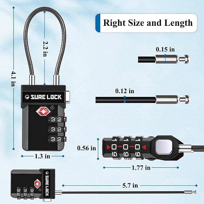 SURE LOCK TSA Approved Luggage Locks with Open Alert Indicator, 3 Digit Combination Cable Travel Lock for Suitcase, Backpack, Gym Locker, Toolbox, Carry On & Travel Bag - Image 7