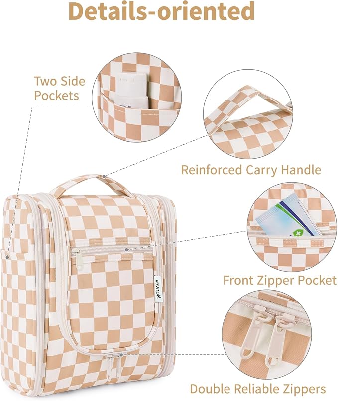 Narwey Small Checkered Hanging Travel Toiletry Bag for Women, Travel Bag for Toiletries, Makeup Bag Organizer Cosmetic Bags Make Up Bags for Women (Light Checkerboard) - Image 6