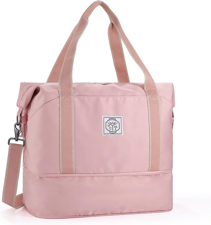 WALNEW Travel Duffel Bag, Weekender Overnight Bag for Women, Pink | Carry On Bag, Foldable Waterproof Gym Luggage with Metal Buckle Detachable Shoulder Strap and Wet Compartment by WALNEW
