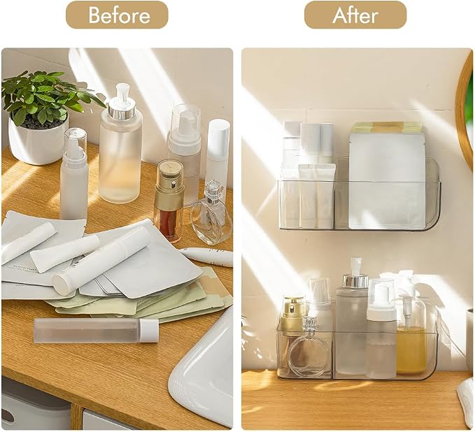 2 Pack Wall Mount Storage Organizer, Clear Storage Box Holder Basket with 3 Compartments No Drilling Hang Walls/Doors for Kitchen, Cabinet, Bathroom, Bedroom, Office - Image 2