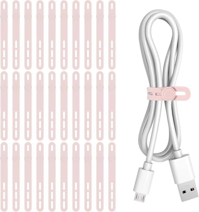 Donruby 30Pcs Silicone Cable Ties - Reusable & Washable with Adjustable Locking Buckles, High Elasticity Cable Management Straps for Home, Office, School, Travel Essential Cord Organizer (Pink) by Donruby