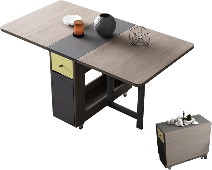 Drop Leaf Folding Dining Table with Storage, 2 Drawers, Grey | 3 Foldable Forms, Space Saving, Movable on Casters, for Kitchen Dining Living Room, Extendable, Versatile by Funrolux