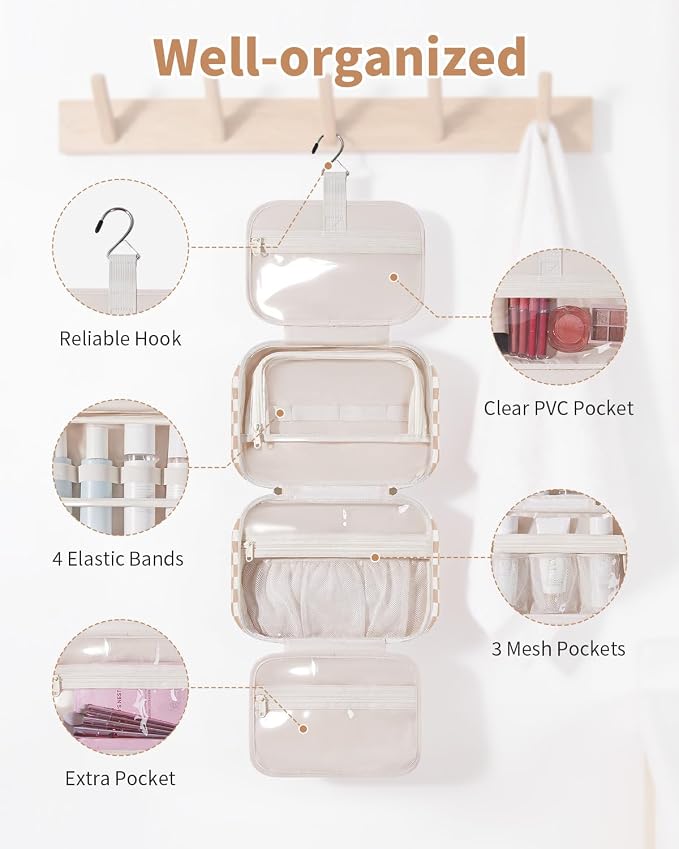 Narwey Hanging Toiletry Bag for Women Checkered Travel Makeup Bag Organizer Cosmetic Make up Toiletries Bag for Travel Essentials Accessories (Light Brown Checkerboard, Medium) - Image 2