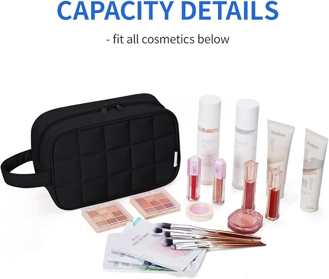 Narwey Quilted Makeup Bag Puffy Make up Bag Cosmetic Bag Organizer, Puffer Travel Toiletry Bag for Traveling Women Girl, Travel Bag for Toiletries, Skincare Medicine Bags (Black) - Image 3