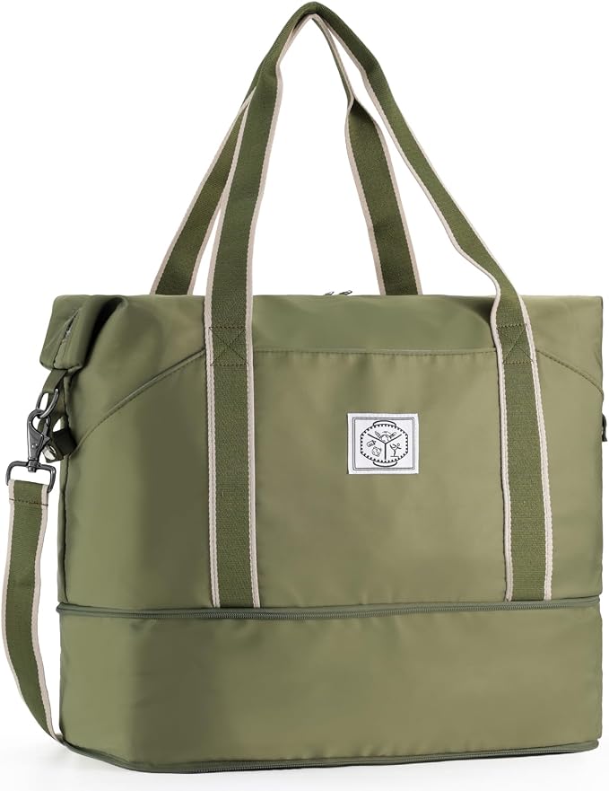 WALNEW Travel Duffel Bag, Weekender Bag for Women Men, Army Green | Overnight Carry On Bag, Foldable Waterproof Gym Luggage with Metal Buckle Detachable Shoulder Strap and Wet Compartment by WALNEW