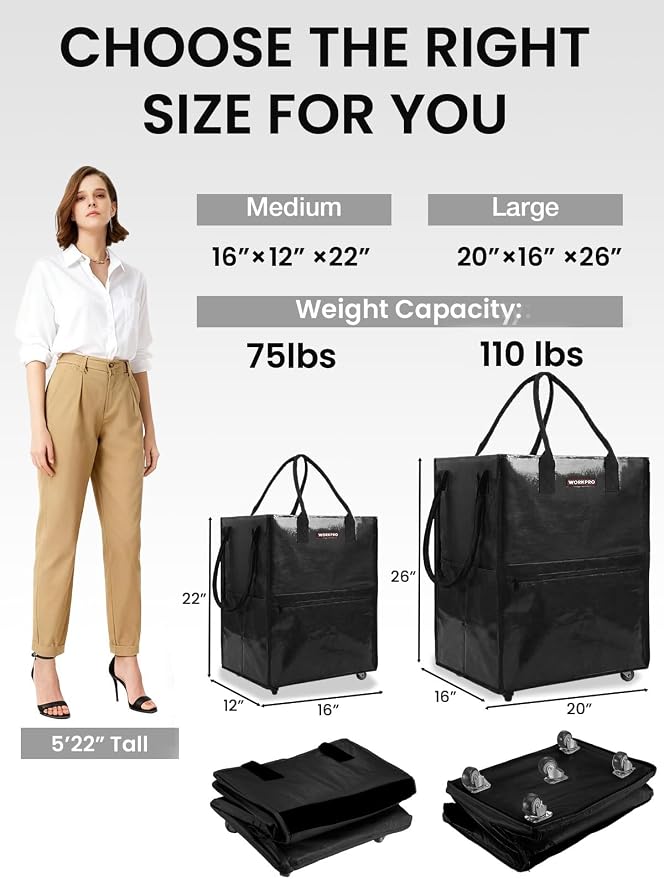 WORKPRO Large Rolling Grocery Bag, 36-Gallon Rolling Tote with 5 Wheels | Reusable Grocery Bag on Wheels, Holds Up to 110 lbs, Heavy Duty Rolling Tote for Groceries, Laundry, Moving & Storage - Image 2