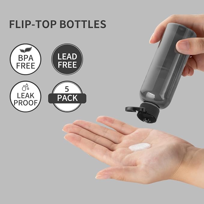 LISAPACK 3.4 oz Travel Bottles for Toiletries, Plastic Shampoo Containers | 5pcs small size dispenser, squeeze tubes, leak proof, small empty for liquid, lotion, conditioner, soap, 100 ml, TSA, black - Image 2